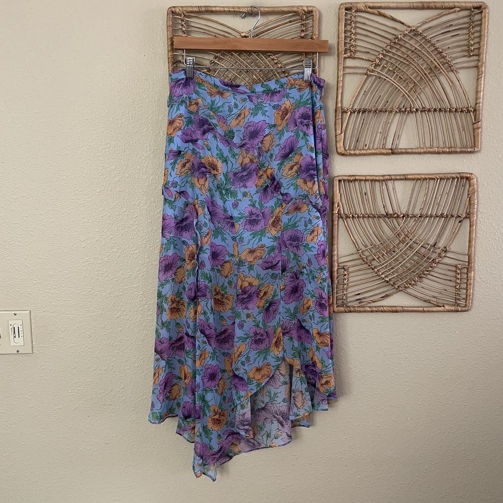 Veronica Beard Eleonora Silk Floral Print Skirt Asymmetrical Midi Blue 6 B46 - Picture 6 of 12